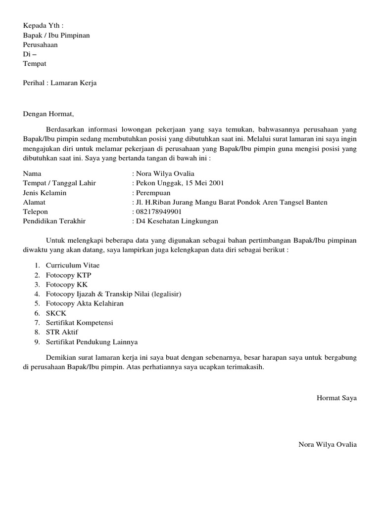 Surat Lamaran Kerja - Nora Wilya Ovalia 2 | PDF