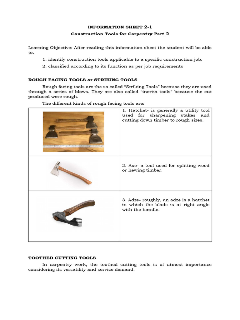Essential Carpentry Tools Overview | PDF | Equipment | Decorative Arts