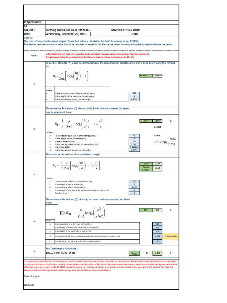 Earthing Resistance Calculation per BS 7430 | PDF | Electrical ...