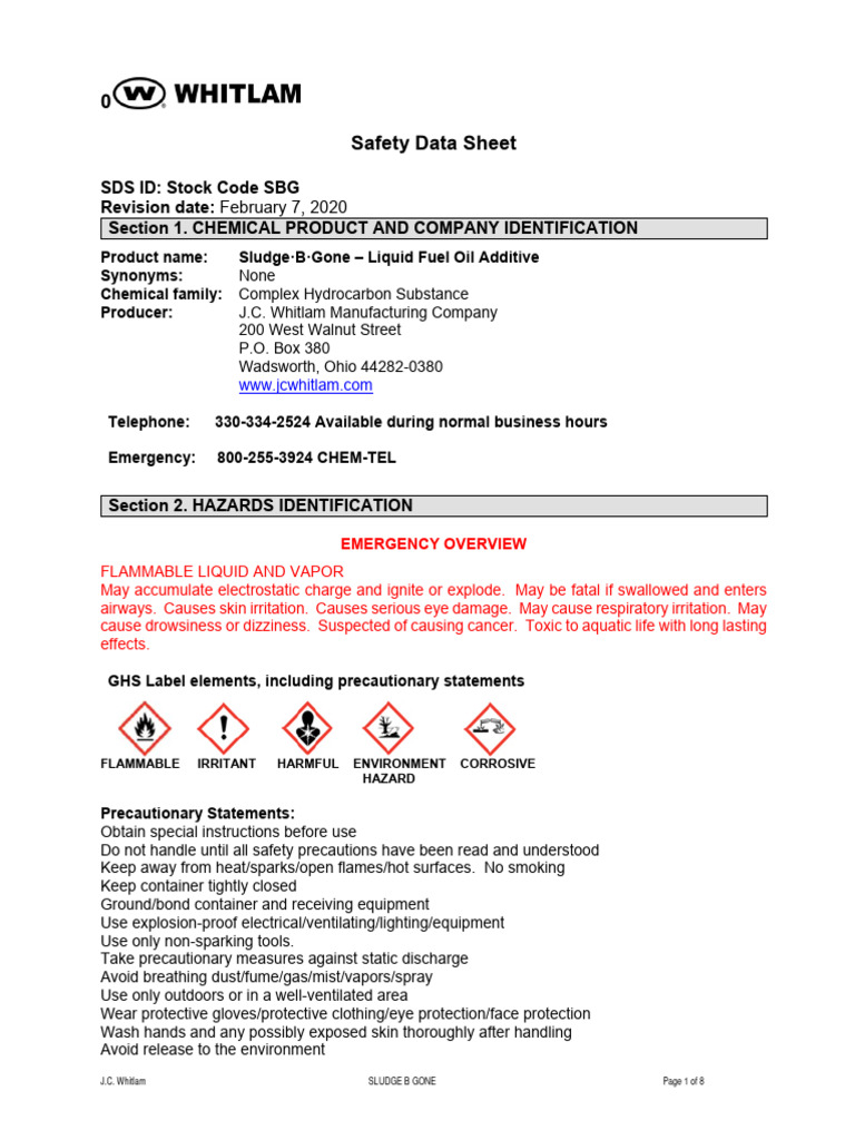 SBG SludgeBGone Liquid Fuel Oil Additive SDS PDF Firefighting