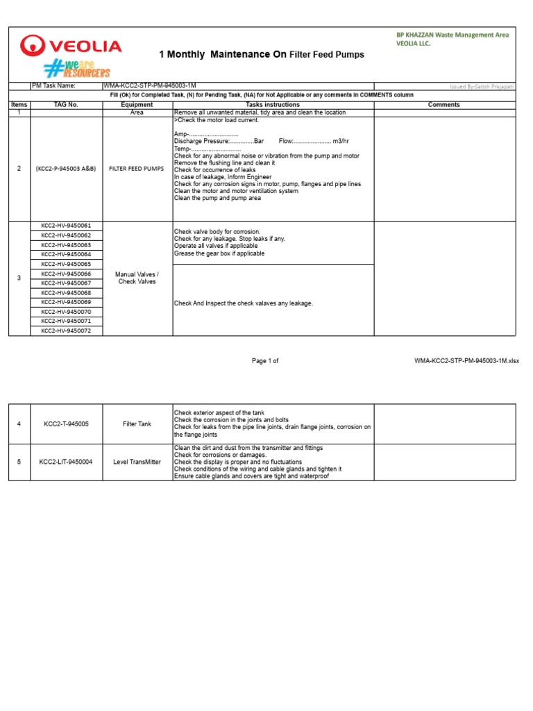 Monthly Maintenance for Filter Feed Pumps | PDF | Pump | Valve