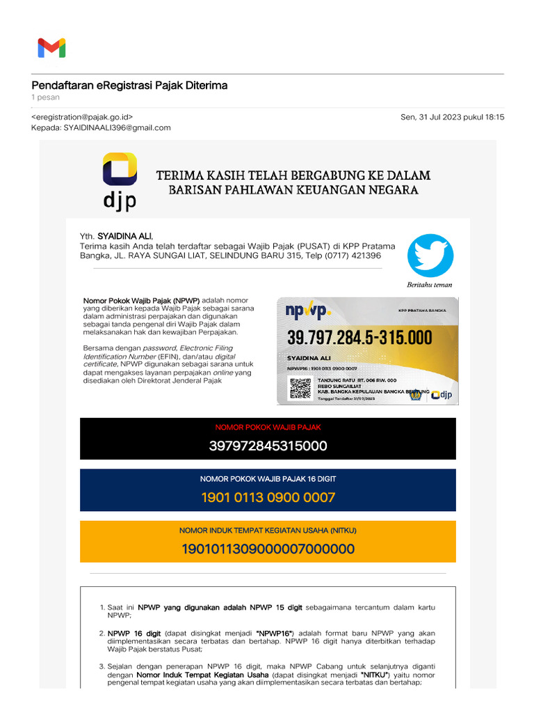 Contoh NITKU dan NPWP Elektronik | PDF | Bisnis