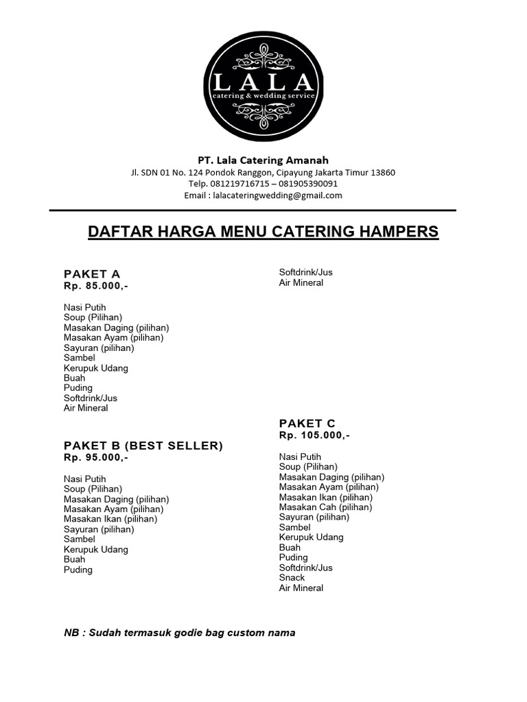 Daftar Harga Menu Catering Hampers Lala Catering Pdf