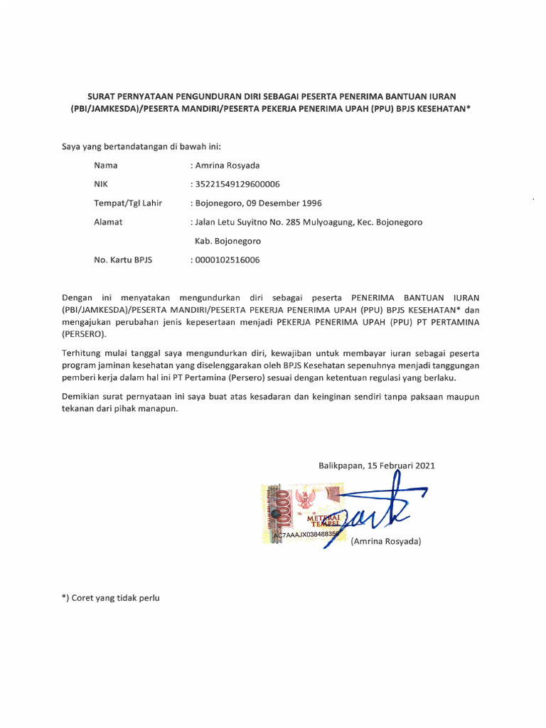  Foto zu Contoh Surat Pengunduran Diri Kepesertaan BPJS PBI, Mandiri, PNS, PPU 