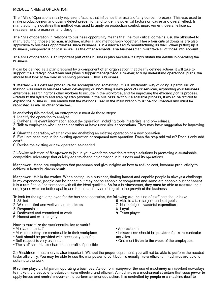 Understanding the 4Ms of Operation | PDF | Lean Manufacturing ...