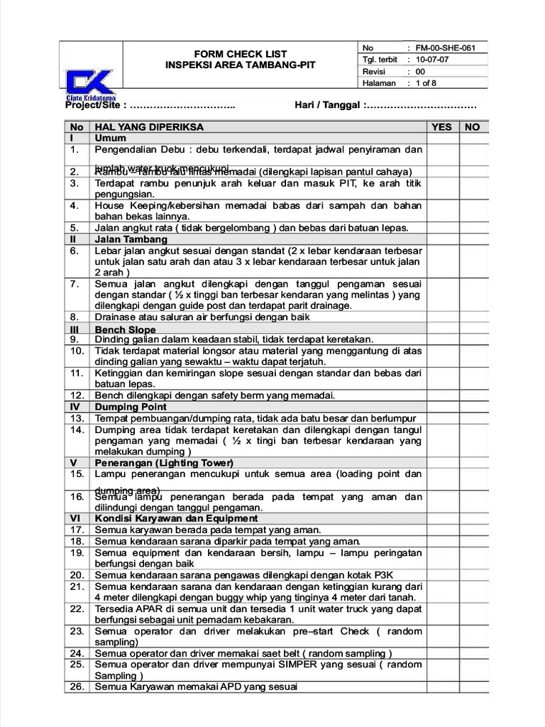 Checklist Inspeksi Area Tambang-Pit | PDF