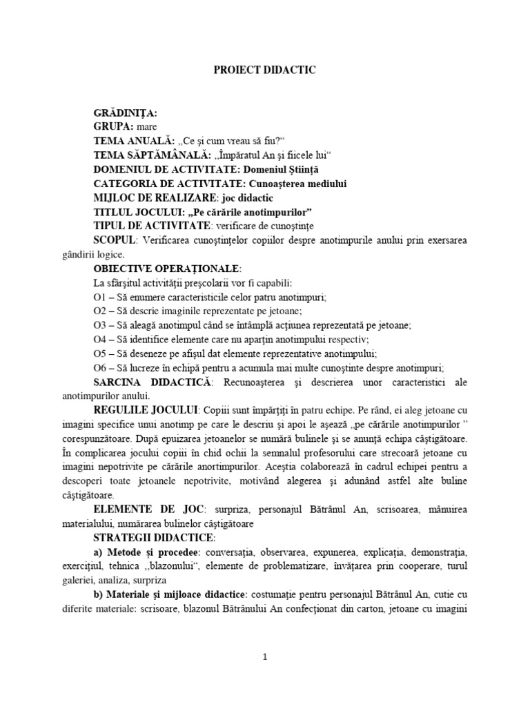 Proiect Didactic Pe Cararile Anotimpurilor | PDF