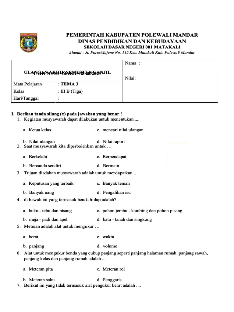 Contoh Soal PAS Tema 3 Kelas 3 SD