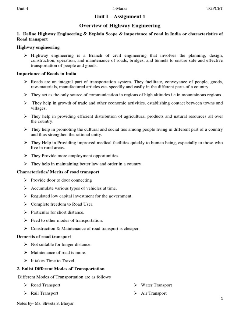 Unit 1 Overview To Highway Engg PDF Road Transport