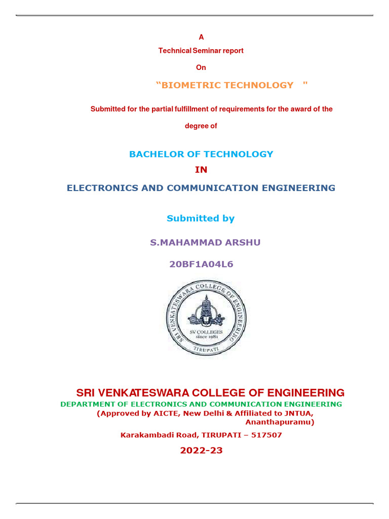 Biometrics A Seminar Report l61 PDF Biometrics Authentication