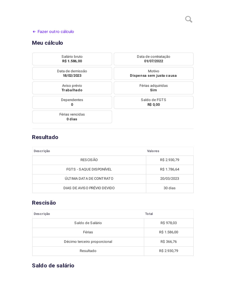 Cálculo Rescisão de Contrato Com FGTS (Cálculos Trabalhistas) | PDF ...
