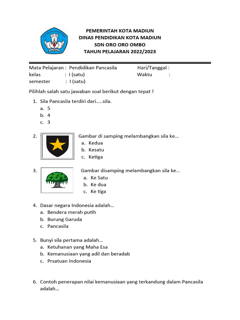 Soal Pendidikan Pancasila Kelas 1 SD | PDF