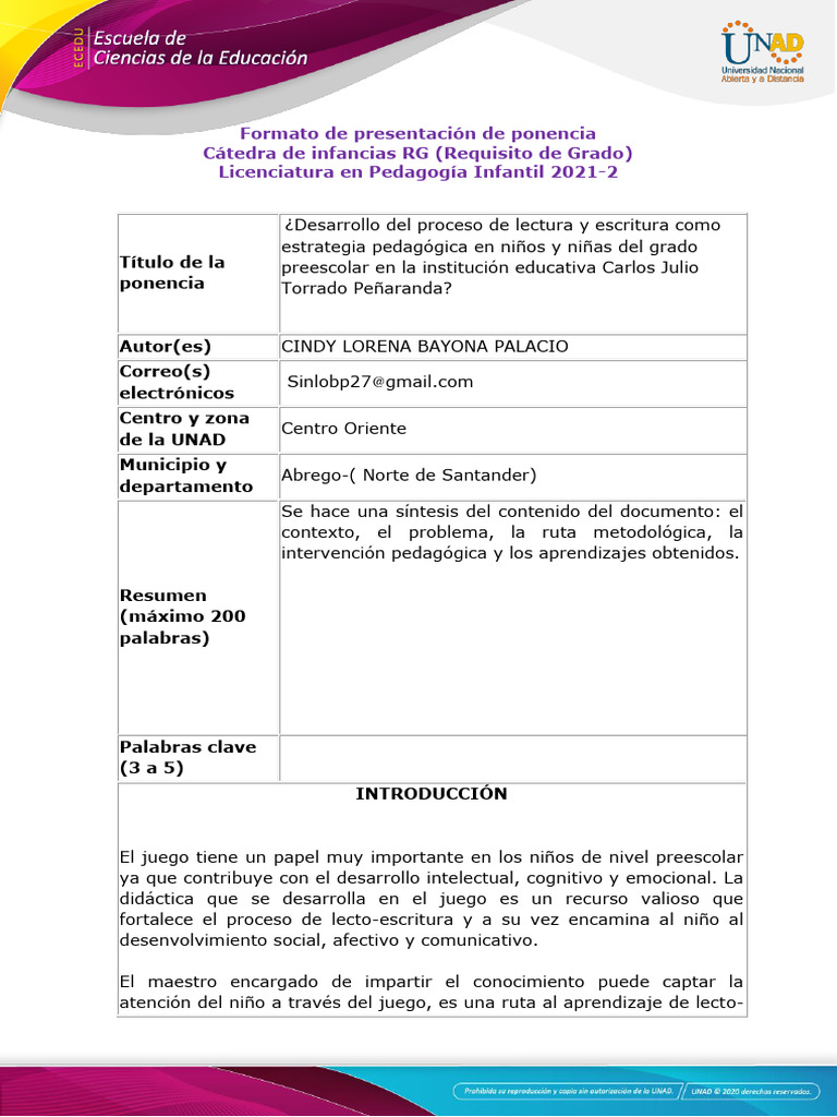 Anexo 1 - Formato de Ponencia. Cindy Lorena | PDF | Educación de la ...
