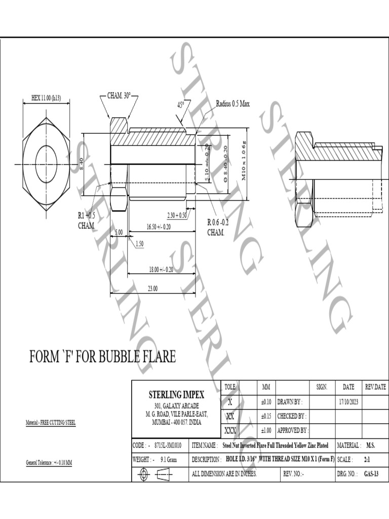 M10 X 1.0 Bubble Flare Bulkhead