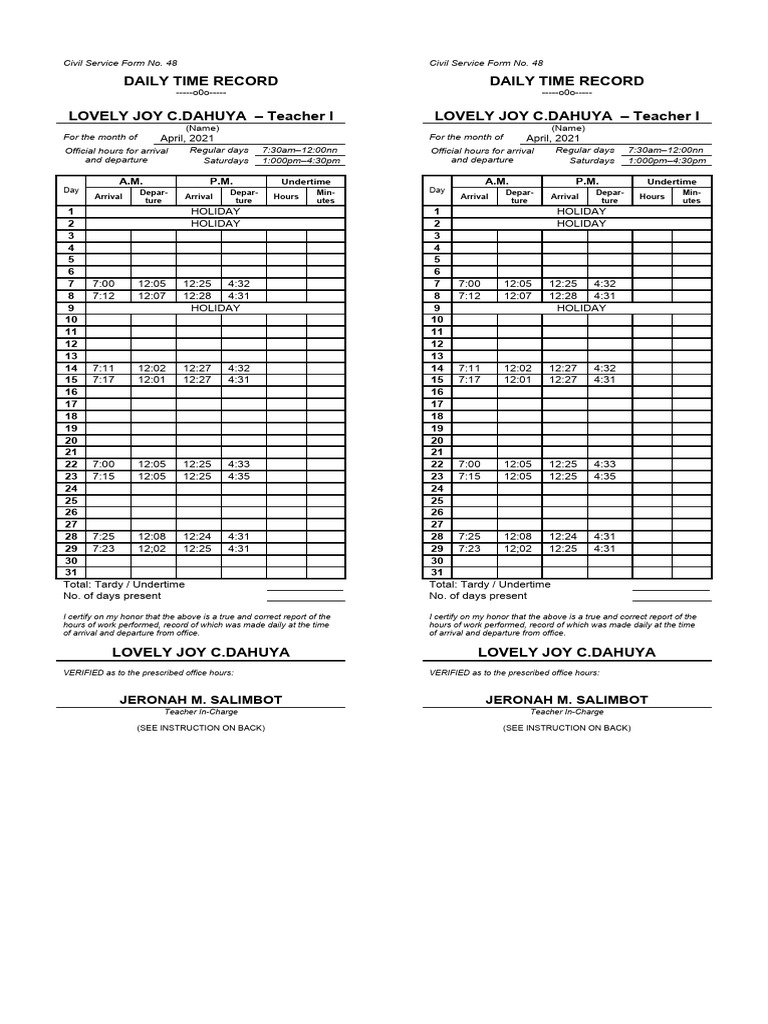 Daily Time Record Lovely Joy C.Dahuya Teacher I Daily Time Record Lovely Joy C.Dahuya