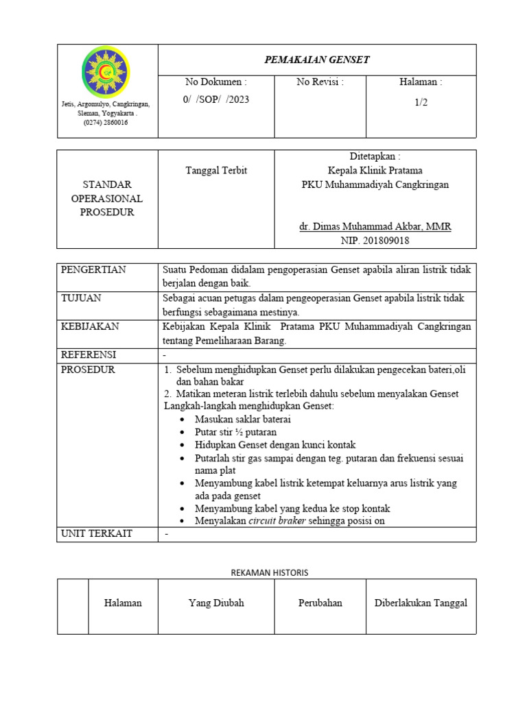 Sop Penggunaan Genset Pdf