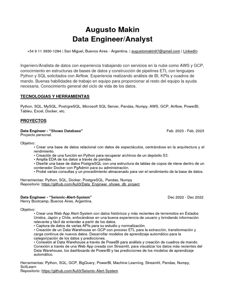 Ingeniero de Datos con Proyectos en BI | PDF | Bases de datos | SQL