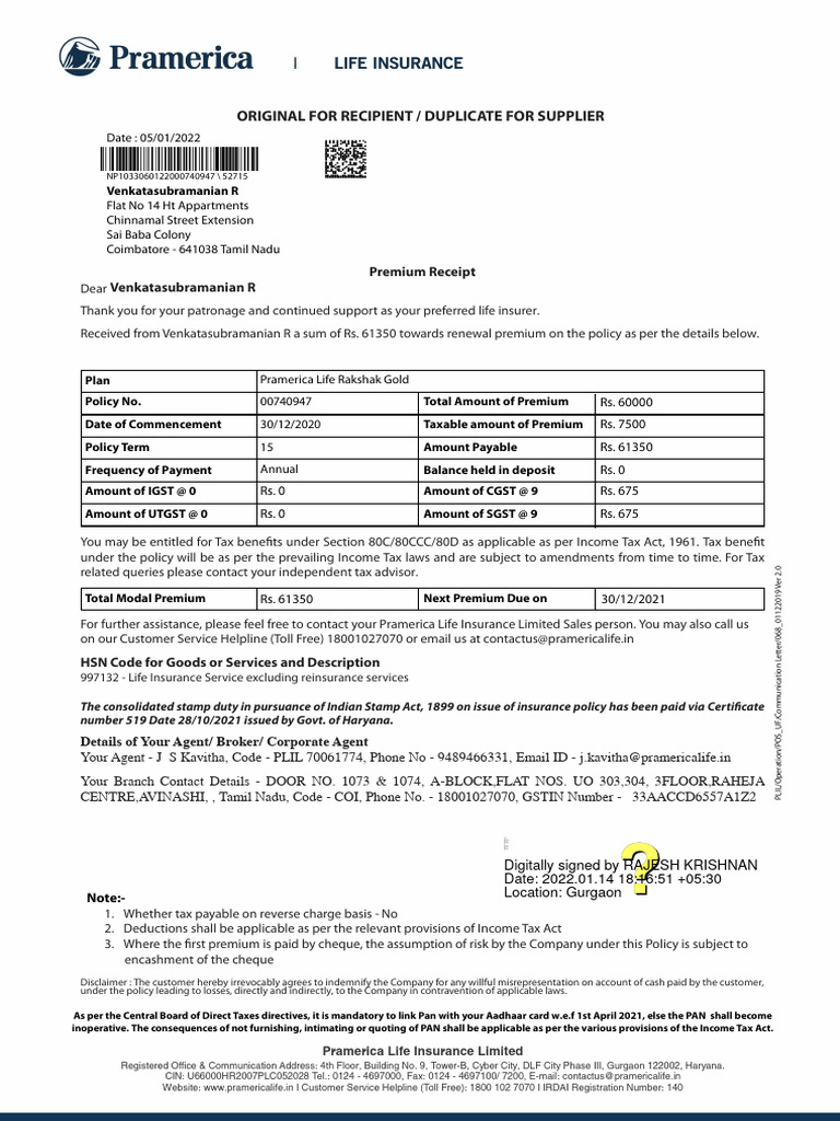 Renewal Premium Receipt 00740947 PDF Life Insurance Insurance