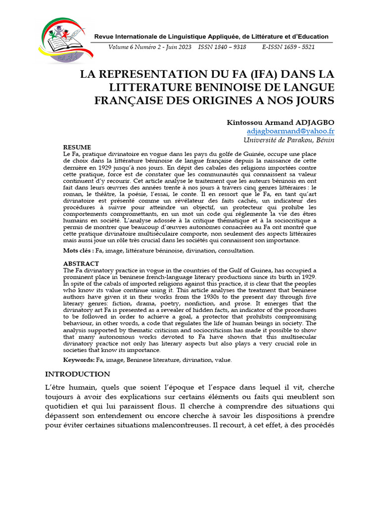 Le Fa dans la littérature béninoise | PDF | Science | Ésope
