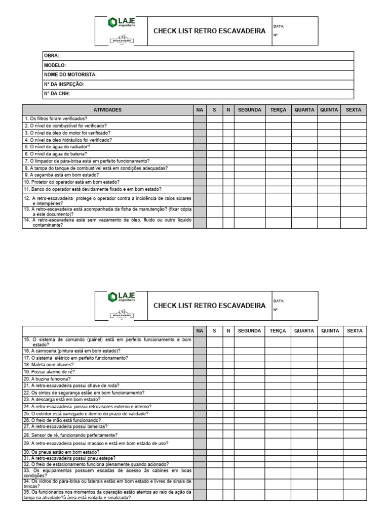 Check List de Retro Escavadeira | Download grátis PDF | Veículos