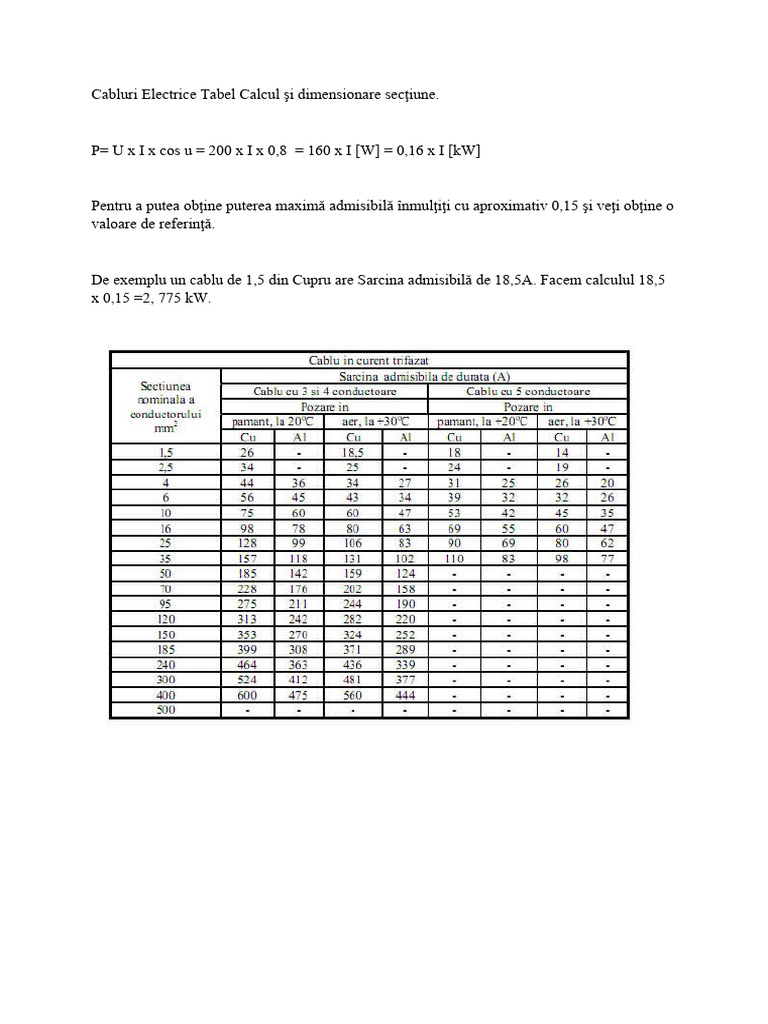 Cabluri Electrice Tabel Calcul Şi Dimensionare Secţiune | PDF