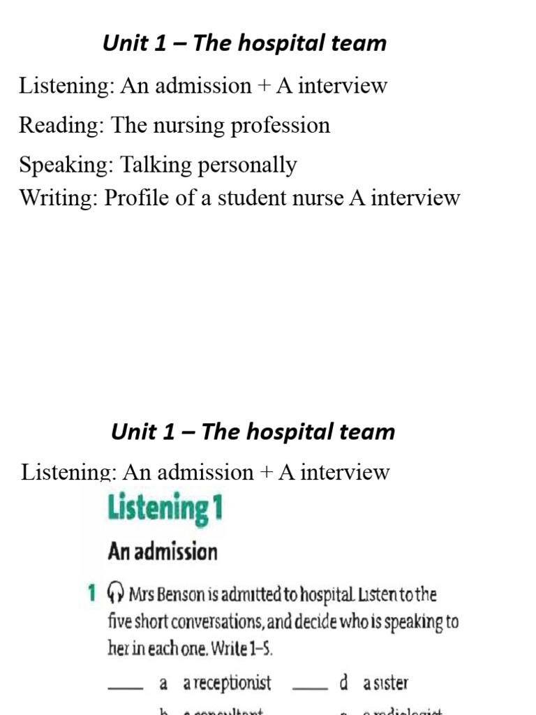 Unit 1 The Hospital Team PDF