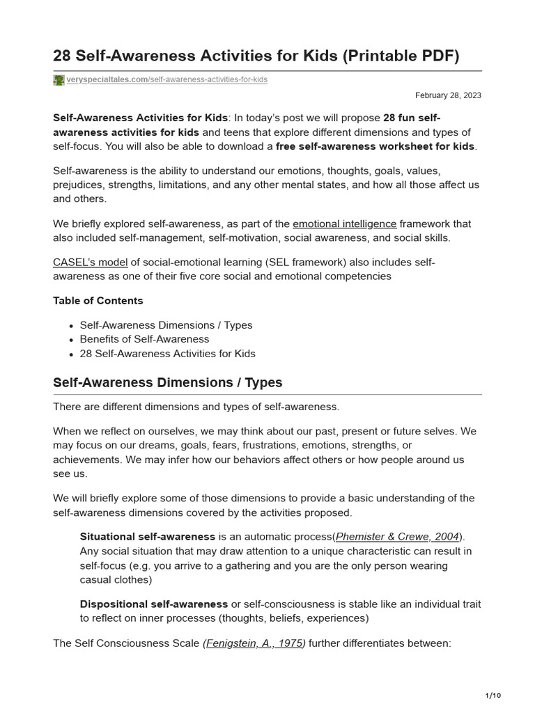 28 SelfAwareness Activities For Kids Printable PDF PDF Self