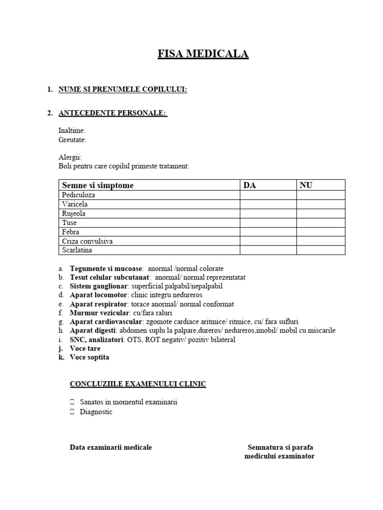FISA MEDICALA Gradinita | PDF