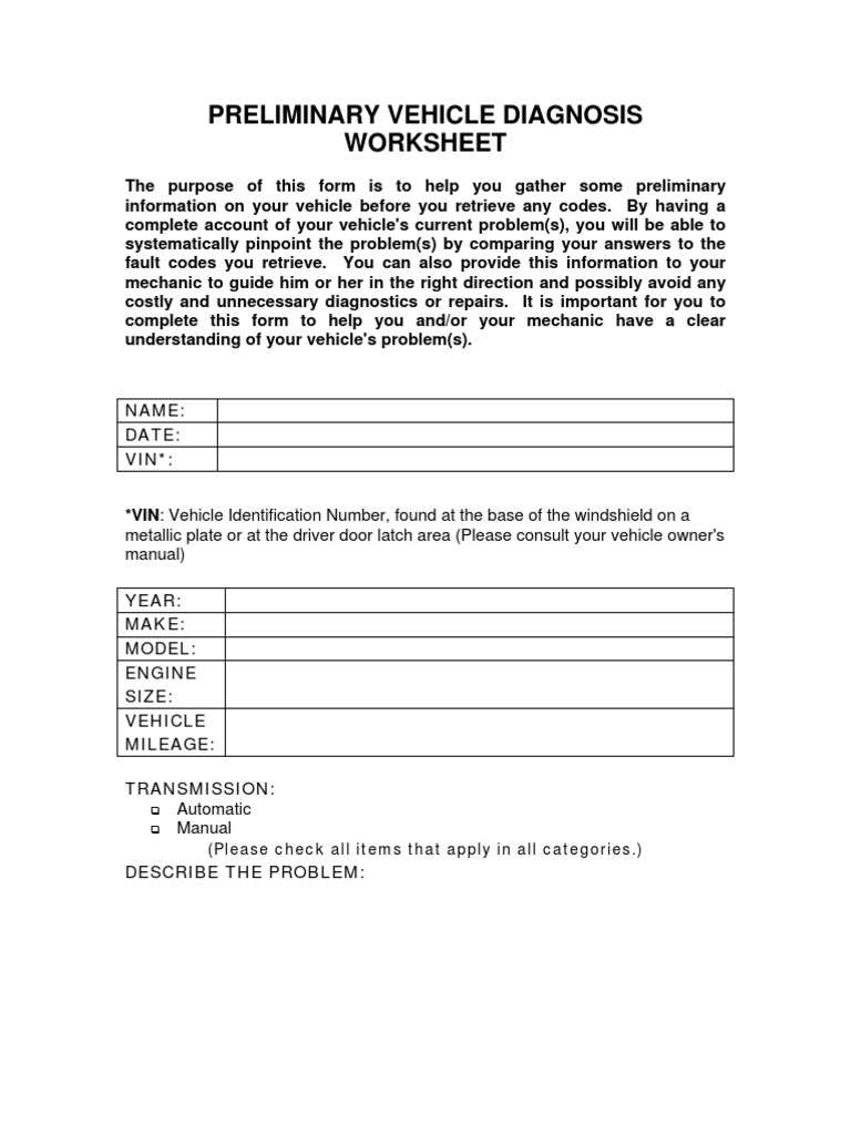 Preliminary Vehicle Diagnosis Worksheet PDF Transmission (Mechanics