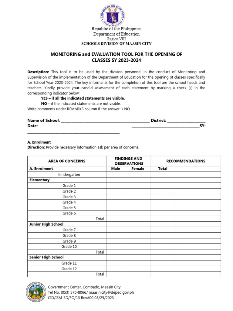 Monitoring for opening of classes 2023 2024 pdf classroom teachers