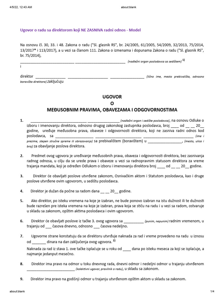 Ugovor Sa Direktorom Koji Neasniva Radni Odnos | PDF