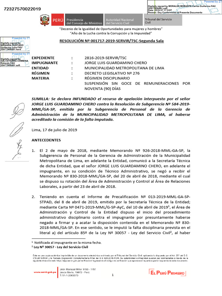 Resolución Del Tribunal Del Servicio Civil 01717-2019 - (SANCION SEGUN ...