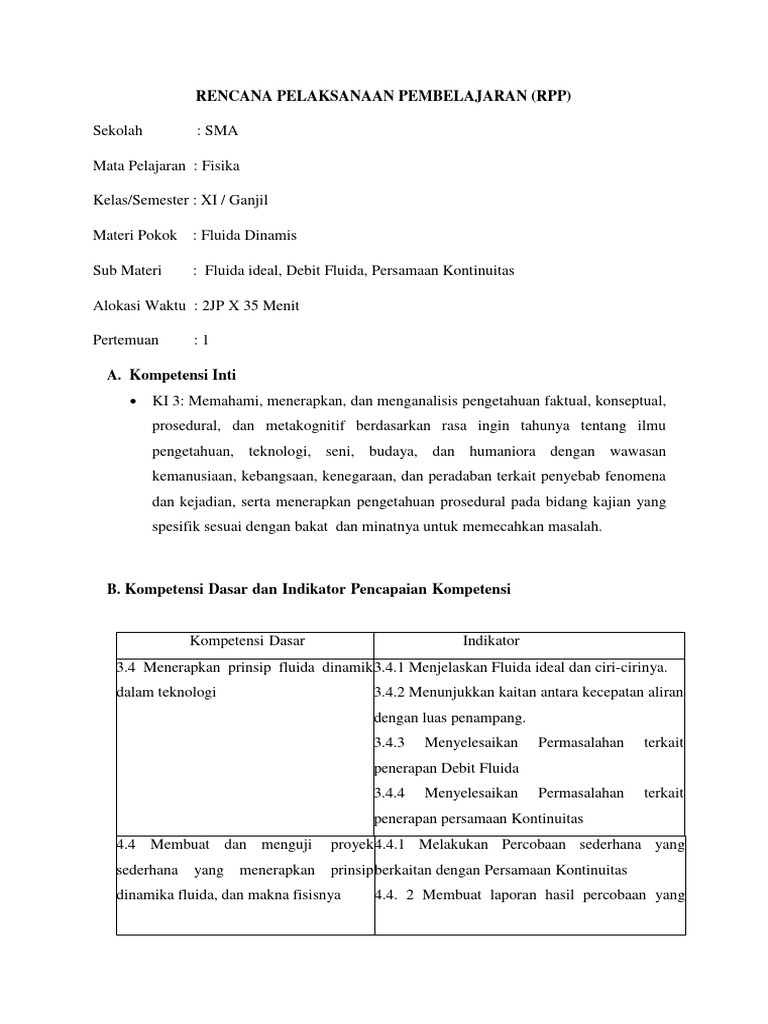 RPP Fisika SMA Kelas XI: Fluida Dinamis | PDF | Karier & Perkembangan ...