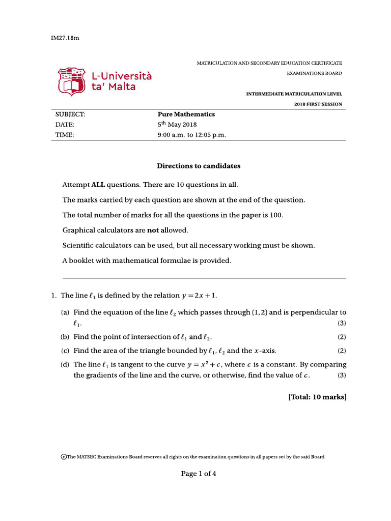 Pure Maths 2018 Matsec Past Paper | PDF