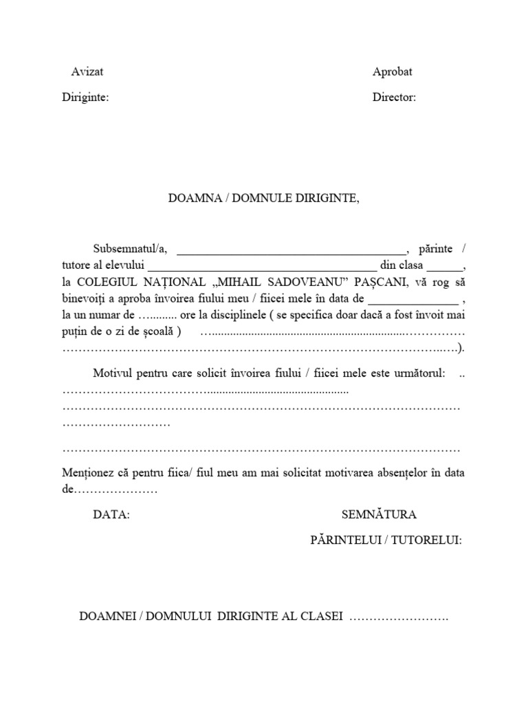 Model Cerere Pt. Invoire Elevi | PDF