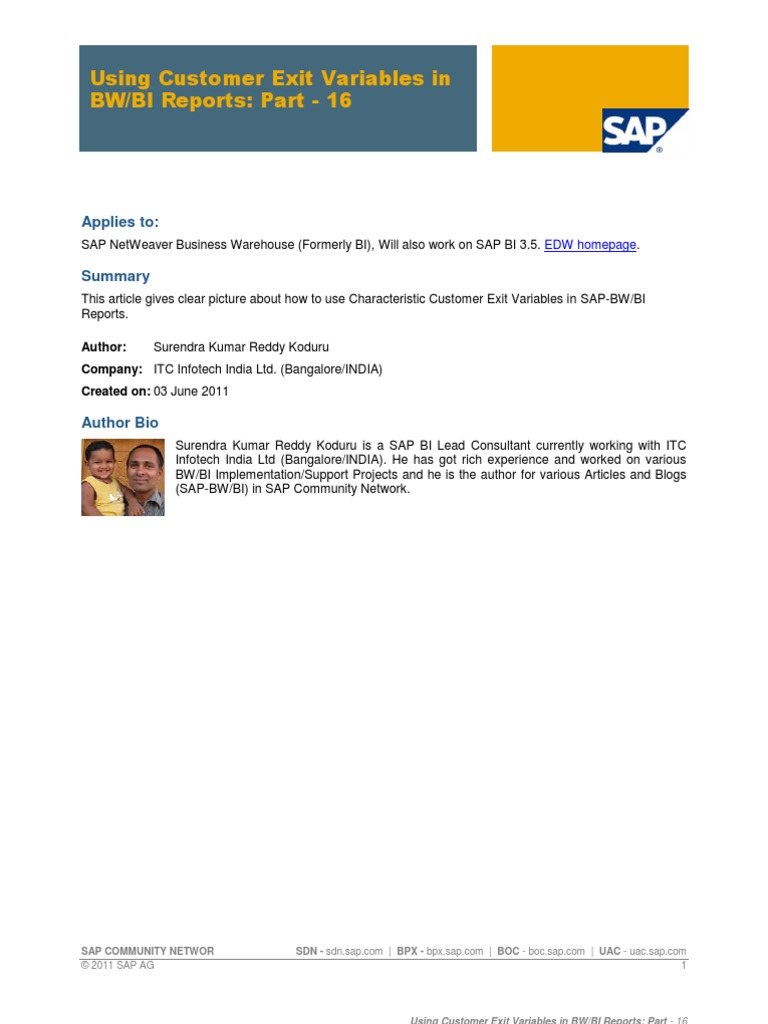 Using Customer Exit Variables in BW/BI Reports: Part - 16: Applies To ...