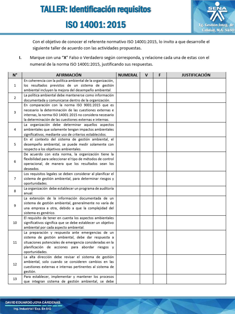 Taller identificaci n de requisitos iso 140012015 pdf entorno