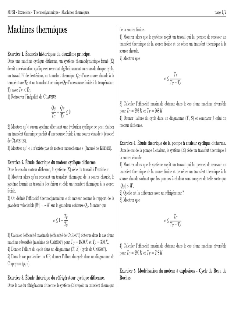Exercices sur les machines thermiques | PDF | Thermodynamique | Chimie ...