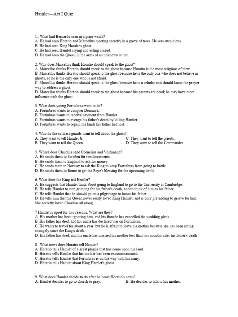 Hamlet Act 1 Quiz PDF Hamlet Plays Based On European Myths And