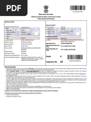 Passport Appointment Receipt