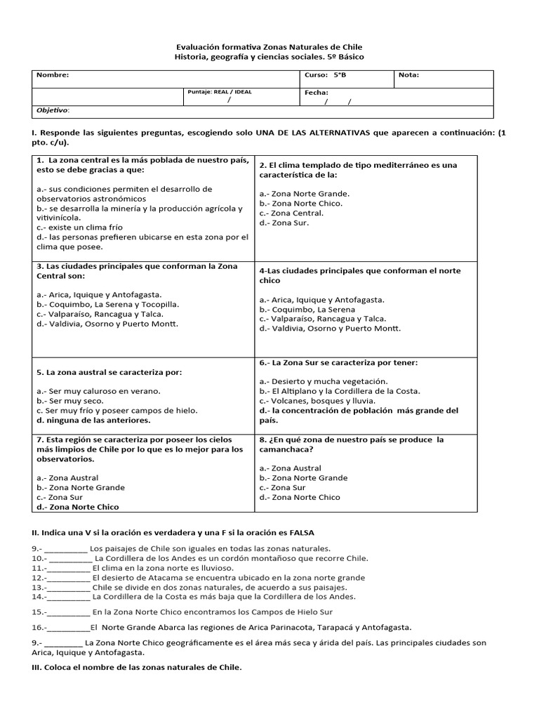 Evaluación Zonas Naturales de Chile 5º Básico | PDF | Chile | Andes