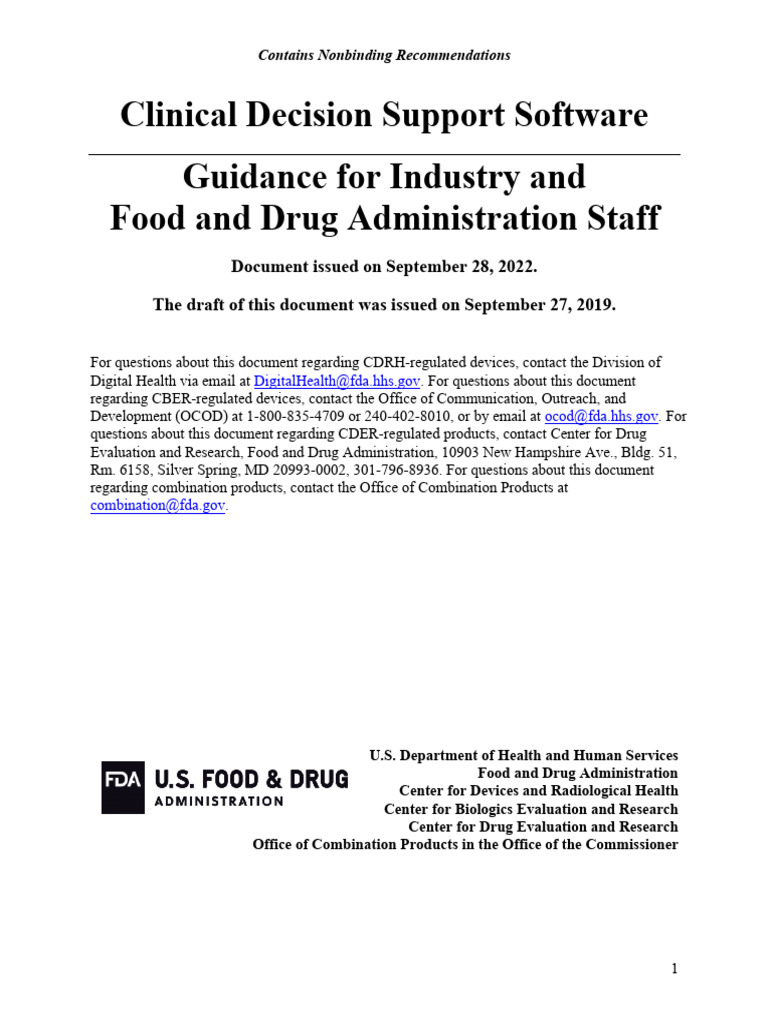 Guidance Clinical Decision Software | PDF | Federal Food | Medical ...