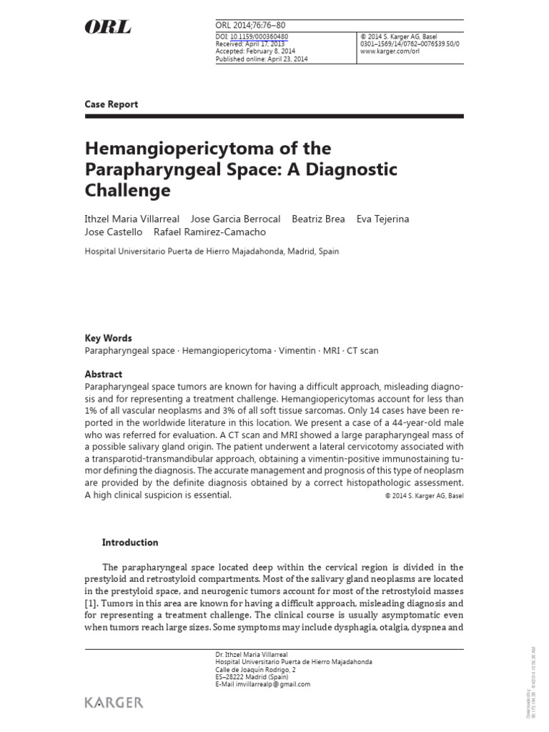 Hemangiopericytoma of the parapharyngeal space a diagnostic challenge