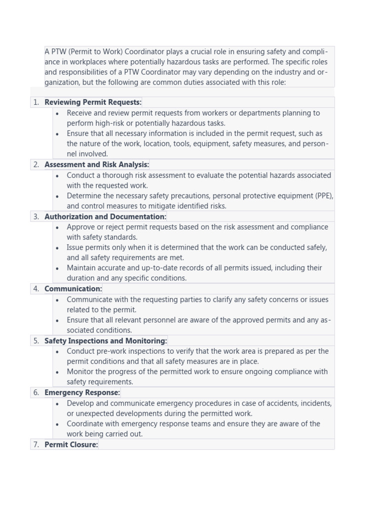 PTW Coordinator Roles and Responsibilities | PDF | Safety ...