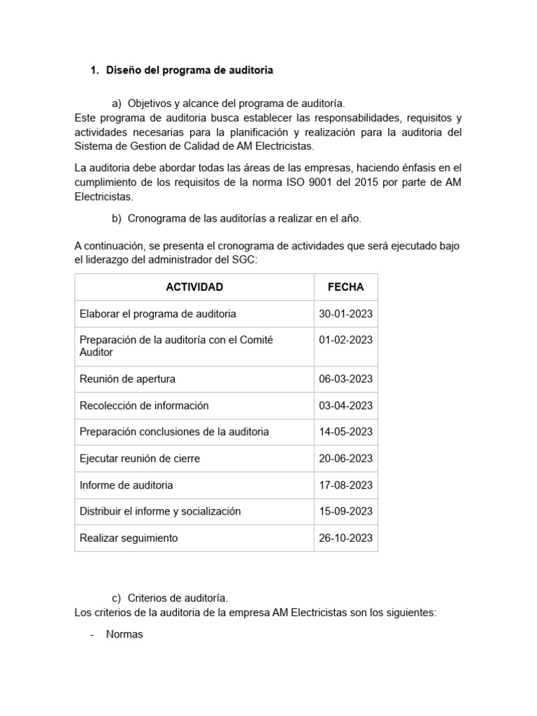 Programa de Auditoría ISO 9001 AM Electricistas | PDF | Calidad ...