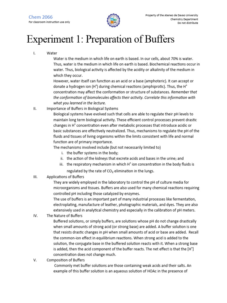 Chem 2066 Biochemistry Experiment 1 Preparation of Buffers 202007007