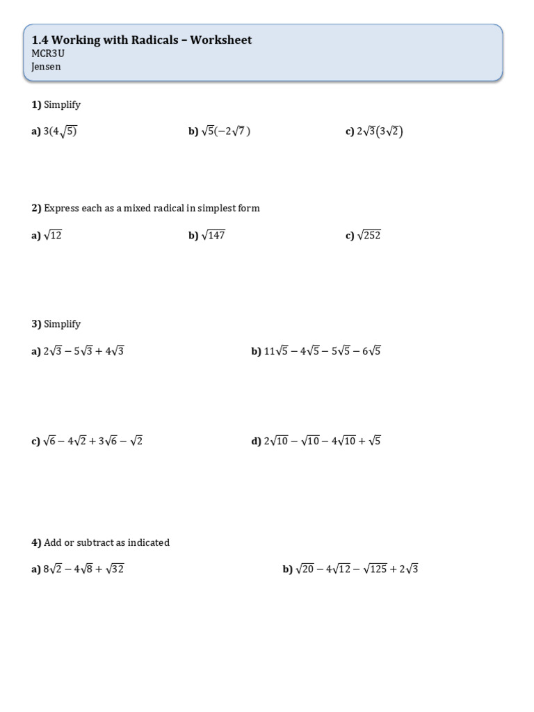 Working With Radicals Worksheet PDF Area Elementary Mathematics