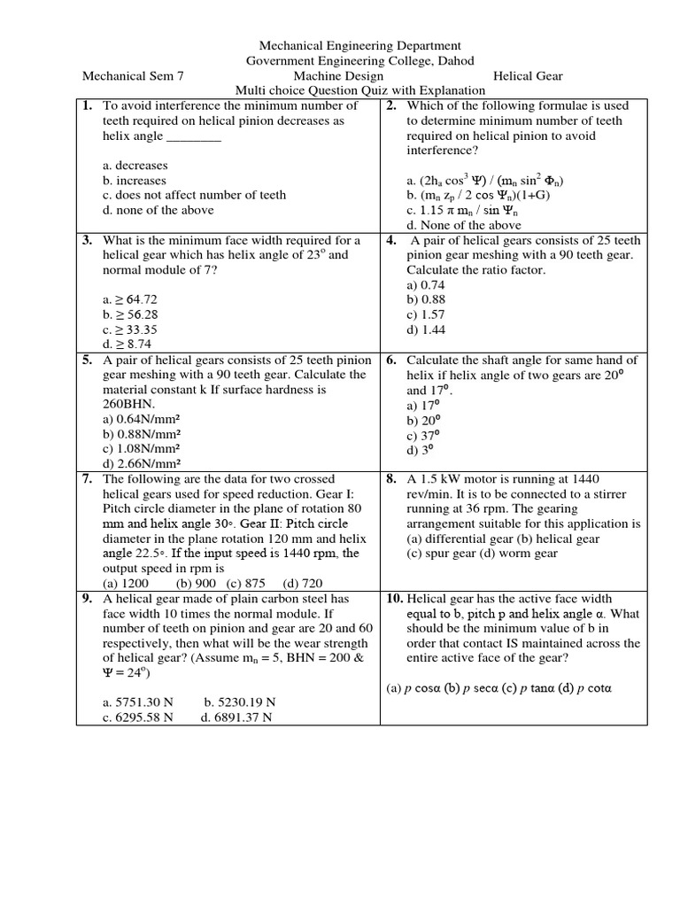 Helical gear tutorial and mcq 2020 pdf gear mechanics