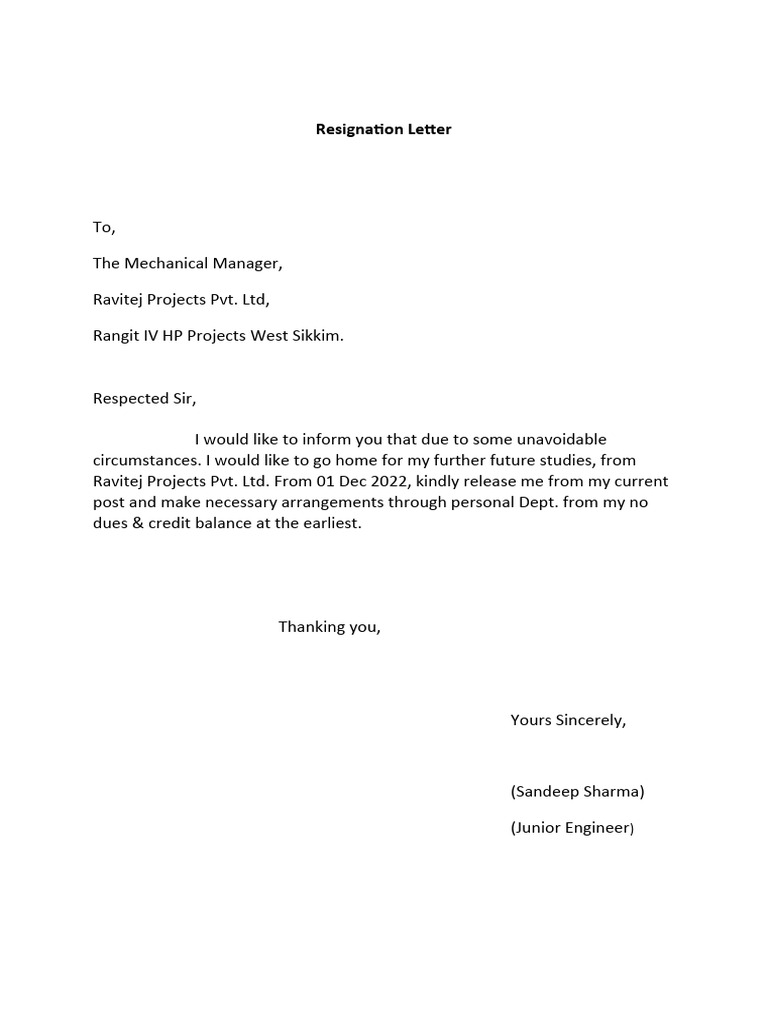 Resignation Letter from Junior Engineer | PDF