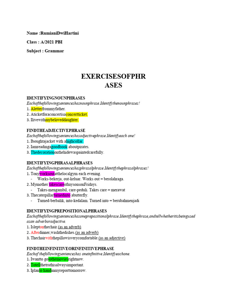 Grammar Exercises: Phrases & Punctuation | PDF | Adverb | Semantic Units